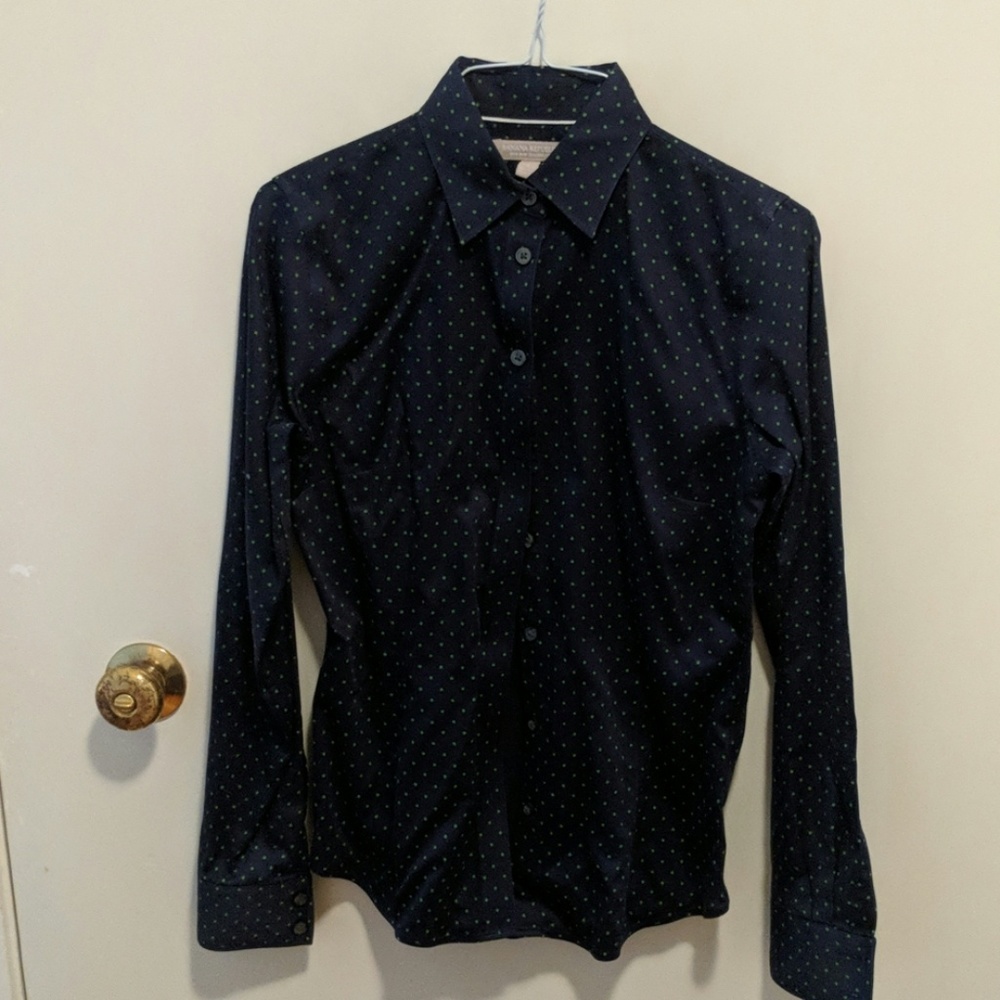 Navy blue green polka dot BR Non iron Tailor Fit